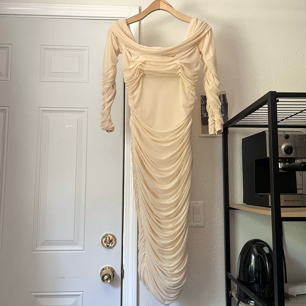 House Of Cb Cream Ivory Knit Mesh Ruched Bodycon Off Shoulder Midi Maxi Dress